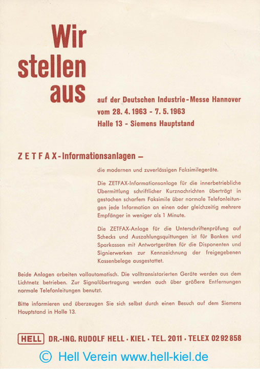 Zetfax Wir stellen aus Hannover Messe 1963